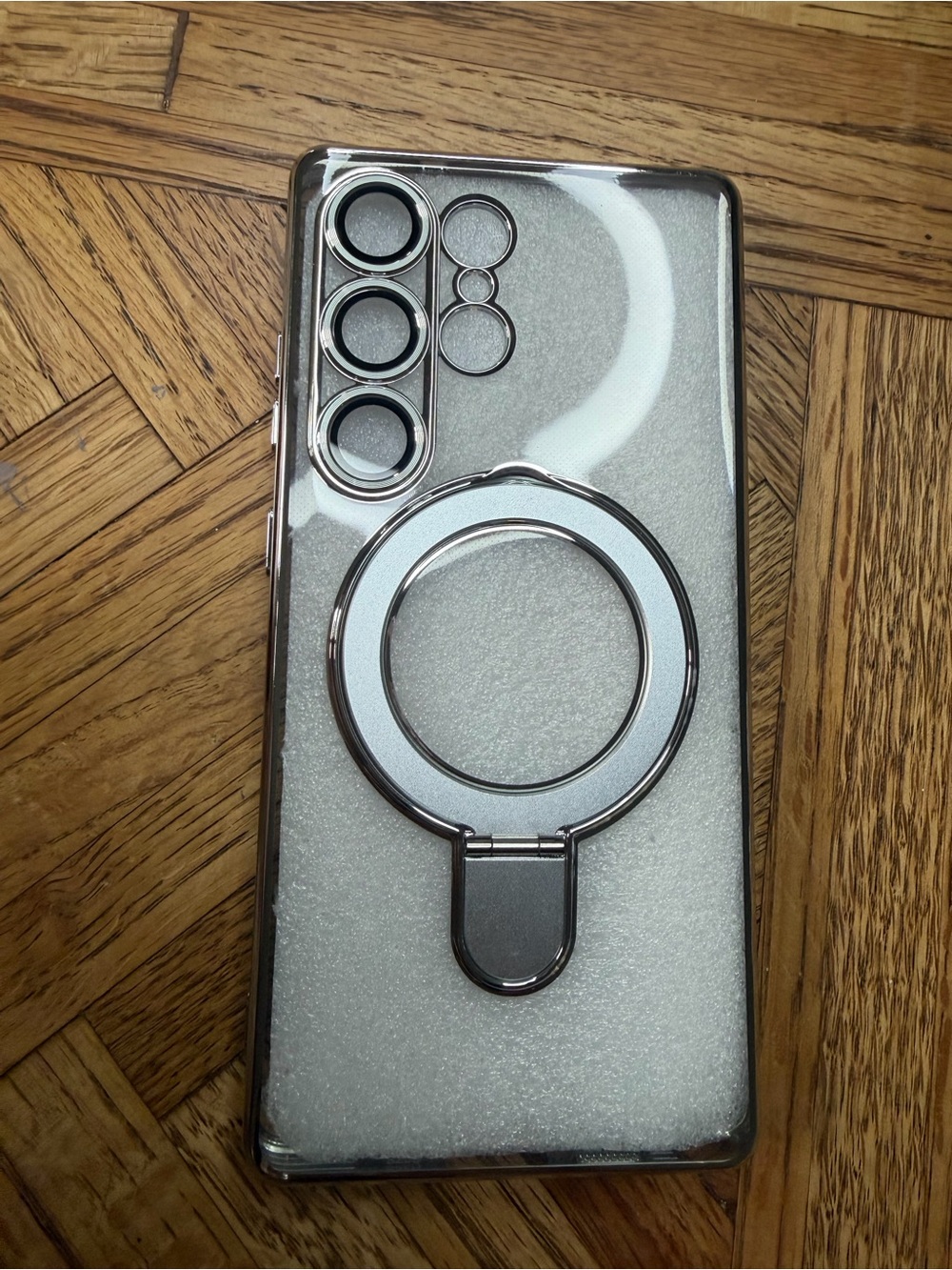 Clear Silver Ring Phone Case with camera protector for Samsung S25 Ultra.